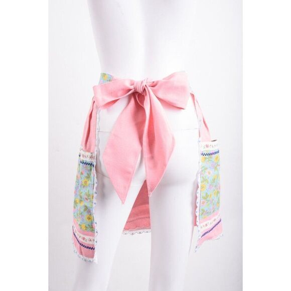 Vintage 60s 70s Womens Waist Half Apron Multi-Color Pink Floral Ties in Back - Picture 4 of 6